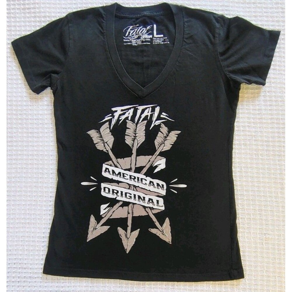 Y2K Fatal Crew Arrow Tattoo Graphic Shirt Womens SS Grunge Punk Emo Black White
